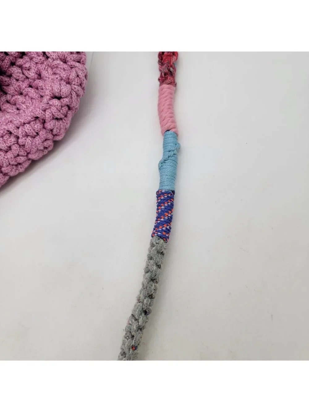 Handcrafted Shooci Crocheted Pink Shoulder Bag w/Yarn Wrap Strap & Tassel Accent - Picture 3 of 10